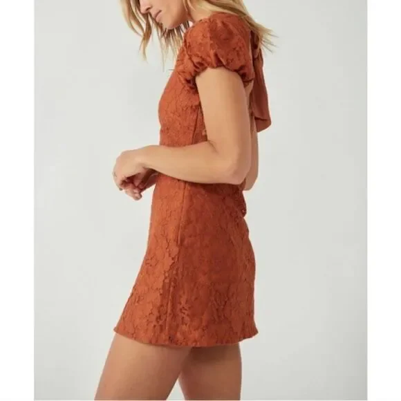 Free People Hailee copper lace short puff sleeve mini dress (M) - Picture 5 of 13